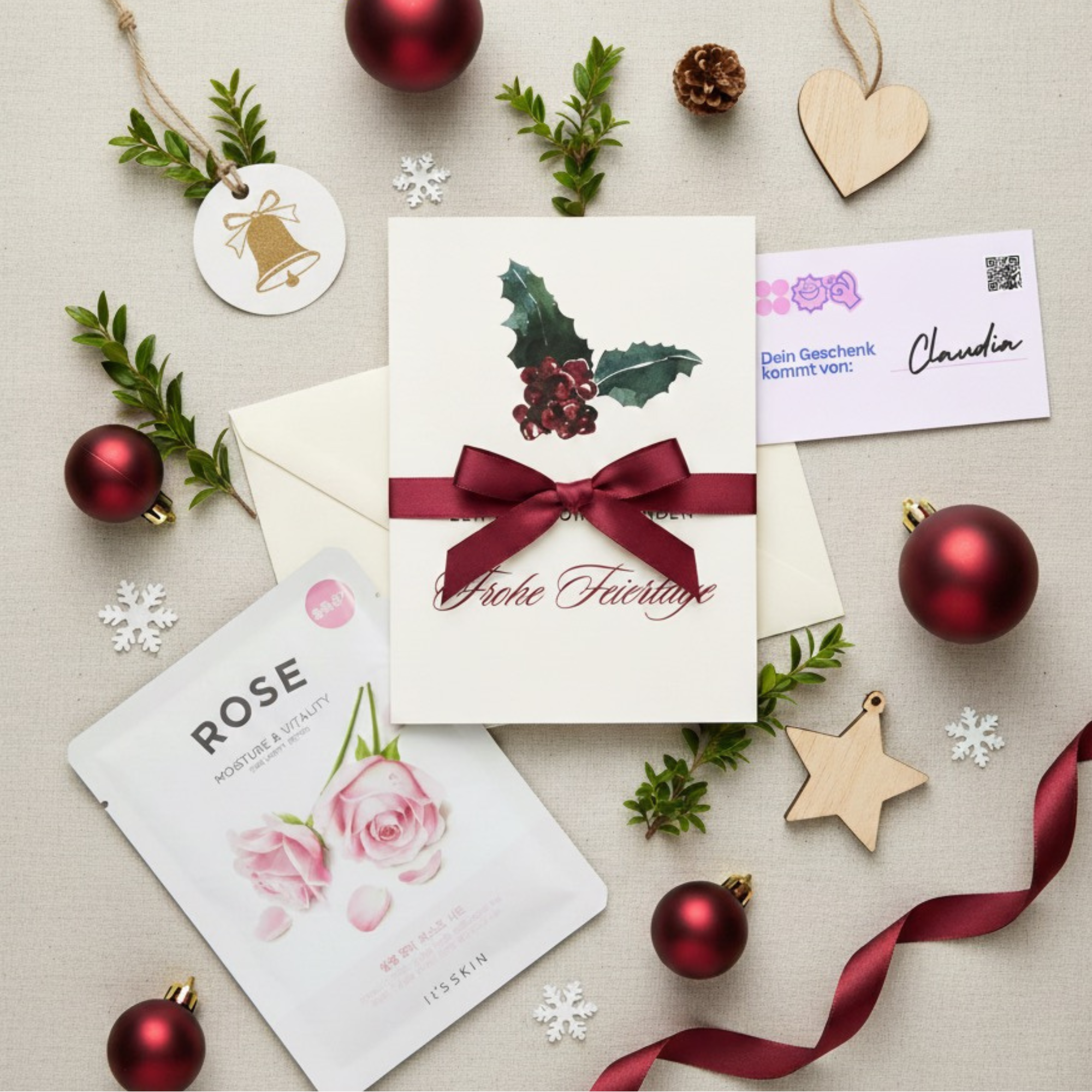 Mini-Geschenkset 'Frohe Feiertage' - Karte + koreanische Sheet-Maske